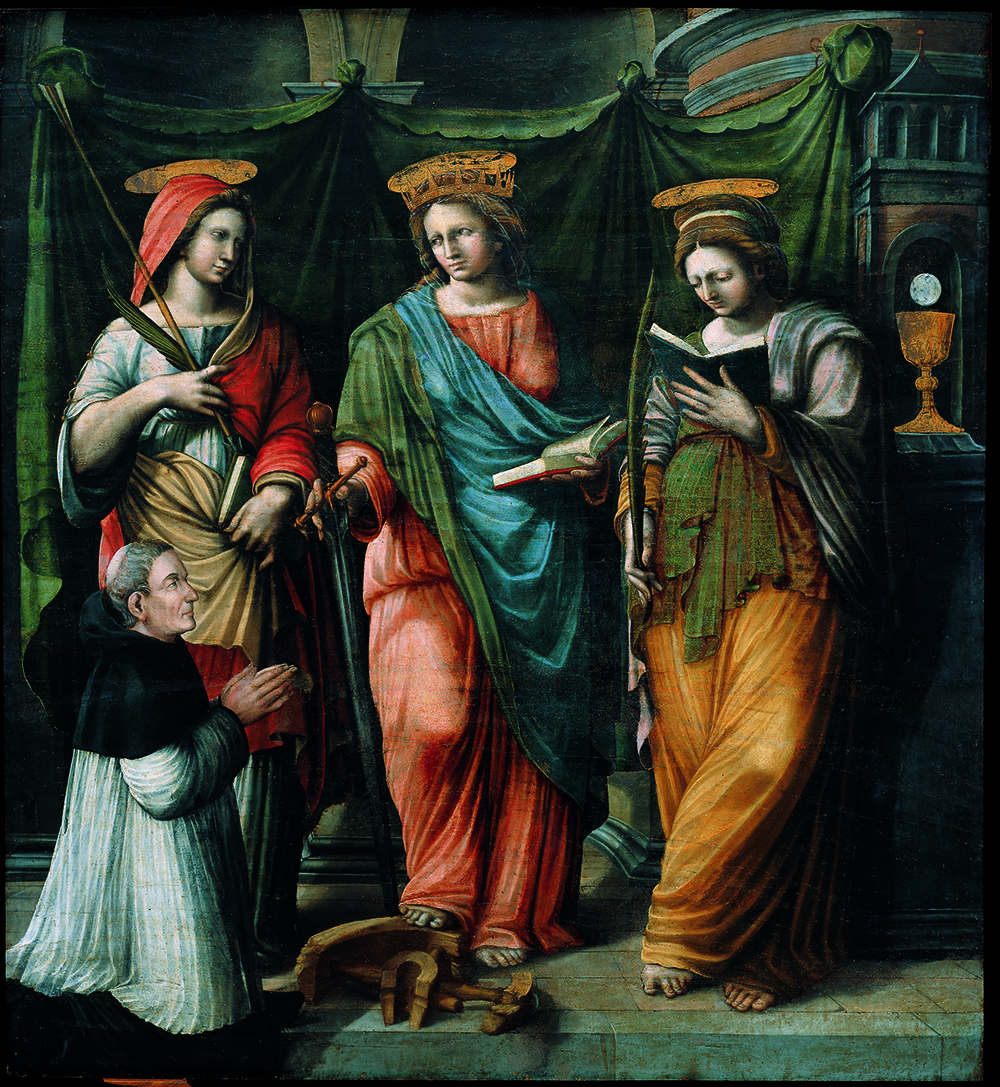 Francesco da Siena, Le Sante Orsola, Caterina d'Alessandria e Barbara con un donatore, olio su tela, 1540 circa